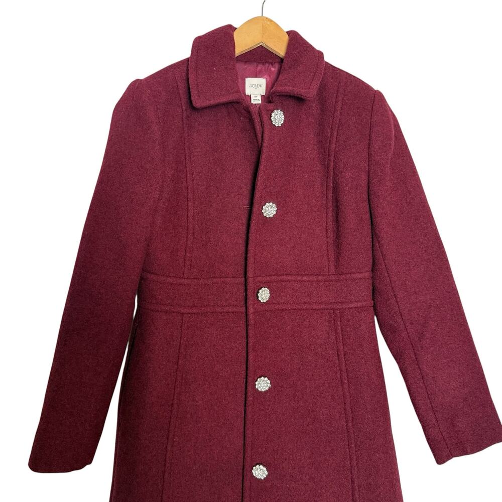 J.Crew Red Wool Lady Day Jeweled Rhinestone Button Coat Size 0 Petite - Picture 3 of 12